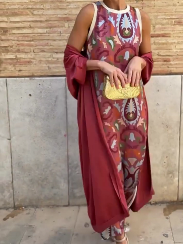 Abito elegante stampato a due pezzi con cappotto