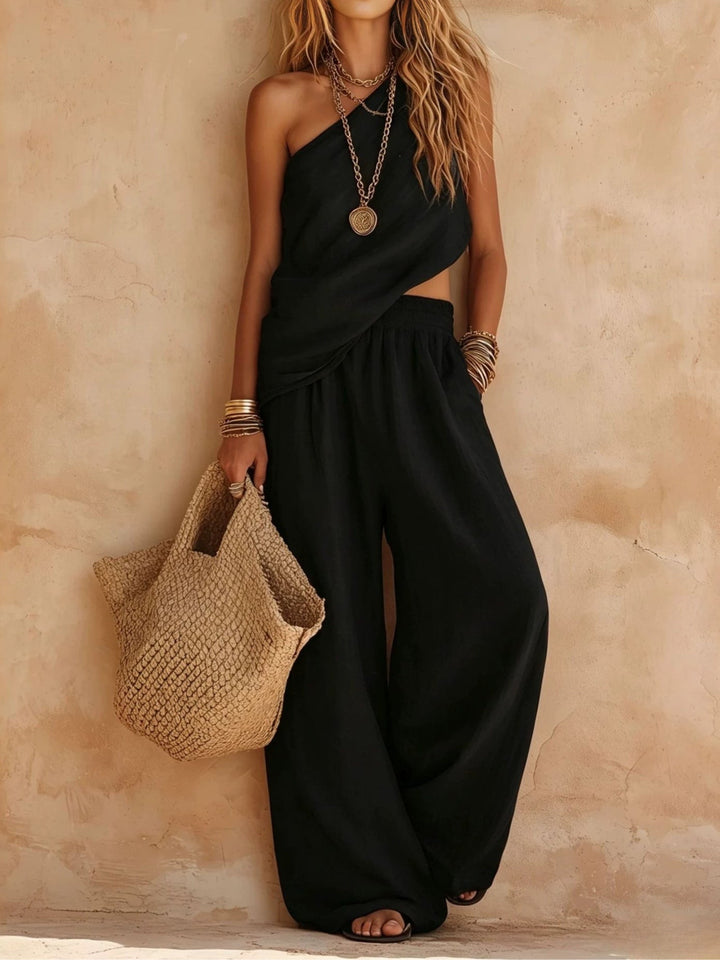 Set Casual Top Senza Maniche a Spalla Unica e Pantaloni