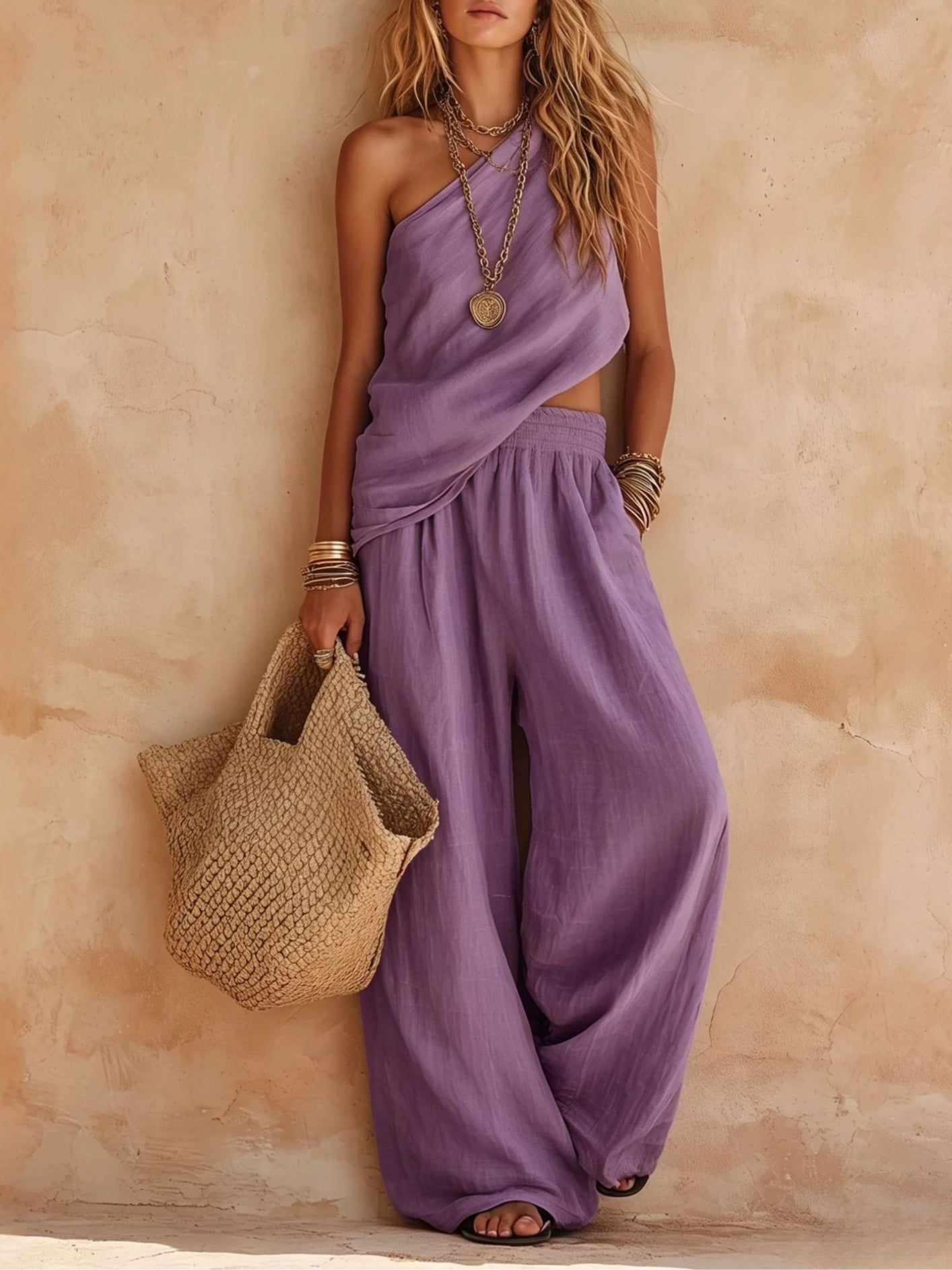 Set Casual Top Senza Maniche a Spalla Unica e Pantaloni