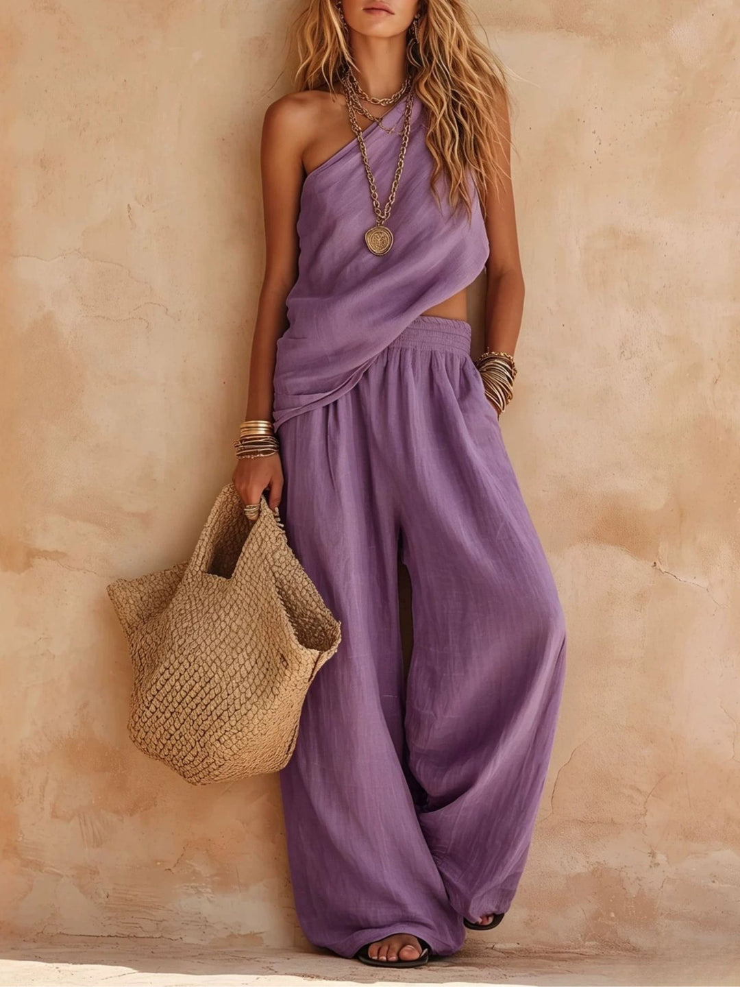 Set Casual Top Senza Maniche a Spalla e Pantaloni
