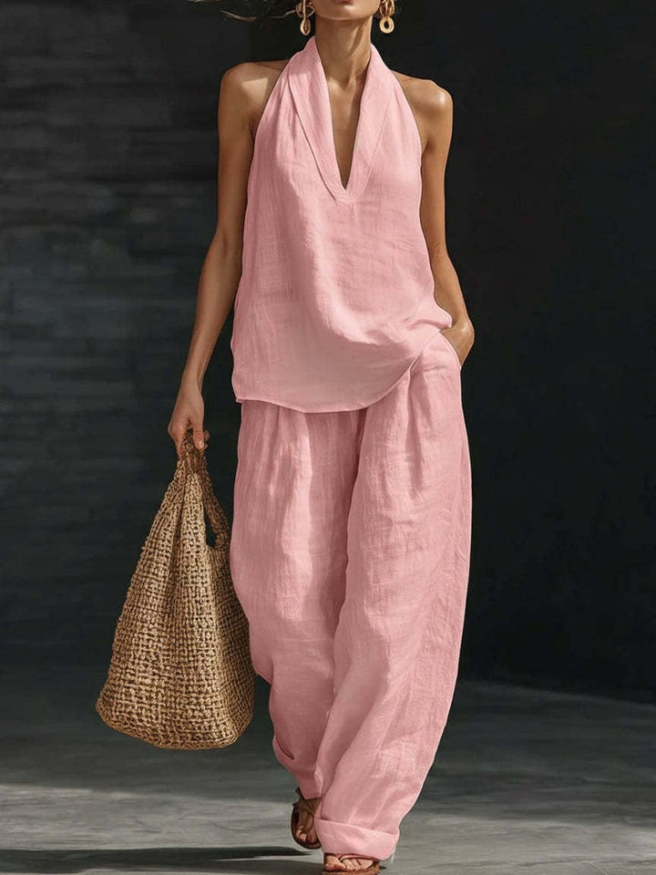Set Top Senza Maniche V-collo in Lino Finto Bianco e Pantaloni a Gamba Larga